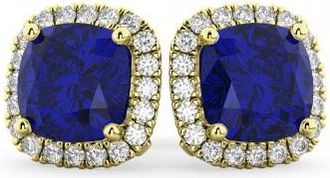 Allurez Halo Cushion Lab Blue Sapphire & Diamond Earrings 14k Yellow Gold (4.04ct)