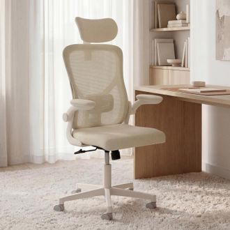 IDMarket Silla De Oficina Ergon&oacute;mica James En Tejido Transpirable Y Reposacabezas Con Ruedas Beige Y Blancas