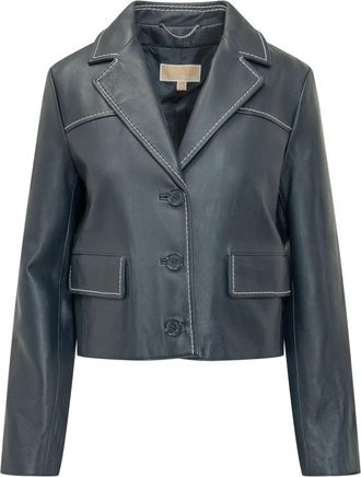 Michael Kors Contrast-Trim Leather Cropped Blazer - Dames - Leren en Su&egrave;de Jassen - Blauw - S - Leer - Jassen