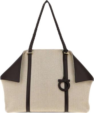 Ferragamo Tassen, Dames, Beige, ONE Size, Leer, Canvas Sjaal Shopper