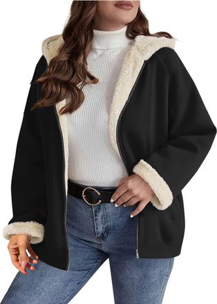 Generic Womens Plush Jackets Ladies Full Zip Hoodie Fleece Lined Cardigans Solid Color Sweatshirts Long Sleeve Flannel Coat Plain Hood Jacket Warm Winter Swea