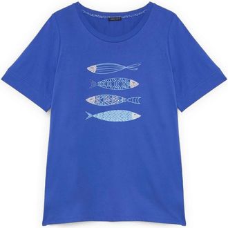 Fiorella Rubino Katoenen T-shirt met Print en Kralen - Dames - T-shirts - Blauw - M - Katoen - Tops