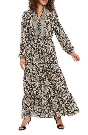 London Times Long Sleeve Bubble Crepe Tiered Maxi Dress in Black/Bone at Nordstrom Rack, Size 8