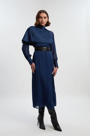 Karen Millen Womens Petite Military Sheer Cape Detail Woven Maxi Dress - Navy Viscose - Size 14 UK