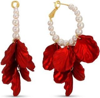Eye Candy Los Angeles Marguerite Rose Petal Faux Pearl Drop Hoop Earrings in Red at Nordstrom Rack