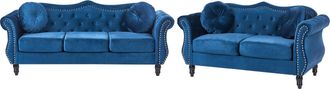 Beliani Conjunto De Sala De Estar En Terciopelo Azul Cobalto 2 Plazas 3 Plazas Apoyabrazos Enrollados Cojines Estilo Glam Skien