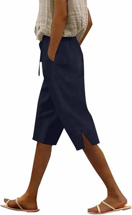 Generic Cotton Linen Shorts for Women Loose Knee Length Beach Bermuda Shorts Ladies Summer Casual Drawstring Cropped Trousers Comfy Lounge Pants with Pockets 