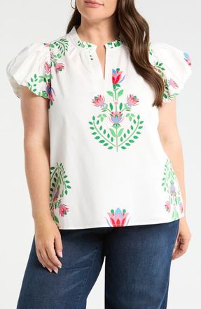 Sugarlips Keni Split Neck Floral Print Cotton Top in White-Green-Multi at Nordstrom, Size 3 X