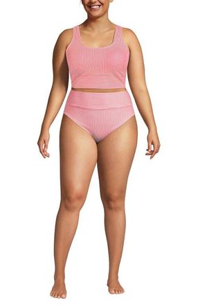 Lands End Plus Size Tugless Midkini Top and High Waisted Bottom Swimsuit Set in Wood Lily Mini Stripe at Nordstrom, Size 1X