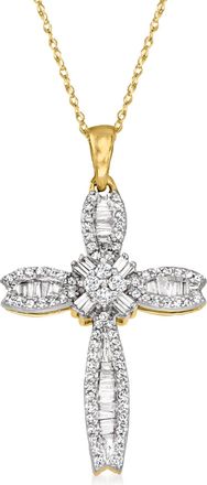 Ross-Simons Baguette and Round Diamond Cross Pendant Necklace in 14kt Yellow Gold