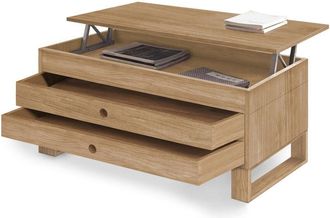 HOGAR 24 Hogar24 - Cima - Mesa Centro Elevable Madera Maciza Natural Dos Cajones Deslizantes, Color Encerado Y Negro. Medidas: 100 Cm X 50 Cm X 47 Cm. - Encera