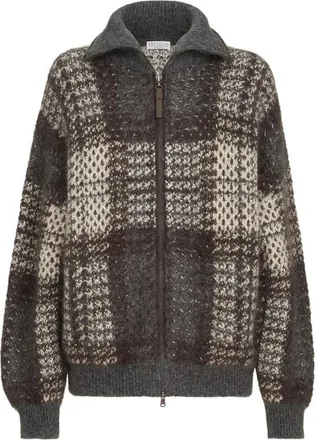 Brunello Cucinelli Dazzling Tartan Double Knit Outerwear Jacket In Mohair, Virgin Wool And Cashmere With Shiny Zipper Pull