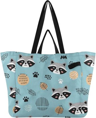 Generic Teal Raccoon Leaves print Reusable Canvas Tote Bag, Heavy Duty Grocery Shopping Bag with Hard Bottom Double Handles Large Capacity Work Groceries Trav