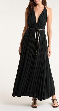 Elan Plunge Tie Belt Maxi Cover-Up Dress in Black at Nordstrom, Size X-Small