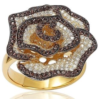 Suzy Levian Golden Sterling Silver Brown and White Cubic Zirconia Pave Flower Ring