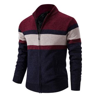 Generic Mens Knitted Chunky Cardigan with Full Front Zipper Mens Cardigan Pullover Thick Knitted Zipper Pattern Cardigan Sweater Full Zip Long Sleeve Jacket R