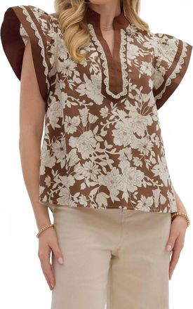 Entro Floral Flutter Sleeve Top With Contrasting Band & Lace Trim In Brown