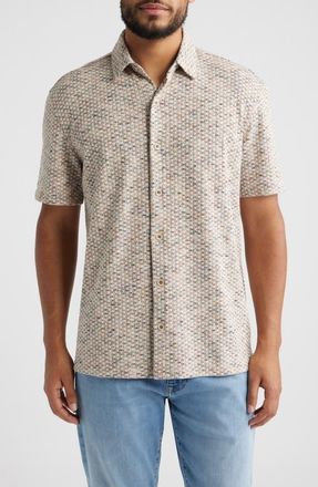 Johnston & Murphy Linden Textured Short Sleeve Button-Up Shirt in Ivory/Brown Stripe at Nordstrom, Size X-Large