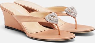 Mach & Mach Double Heart satin wedge thong sandals