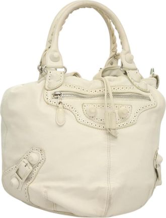 Balenciaga Pom Pon Giant Studs Bag Leather White Leather Bag (Pre-Owned)