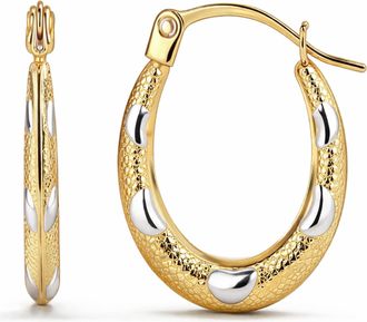 MAX + STONE Solid 14k Gold Two Tone Oval Hoop Earrings with Click Top