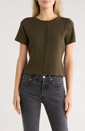 NSR Scallop Short Sleeve Knit Cardigan in Olive at Nordstrom Rack, Size X-Large