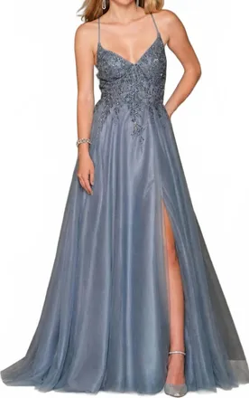 Dave & Johnny Sleeveless Open Tie-Back Prom Gown In Smoke Blue