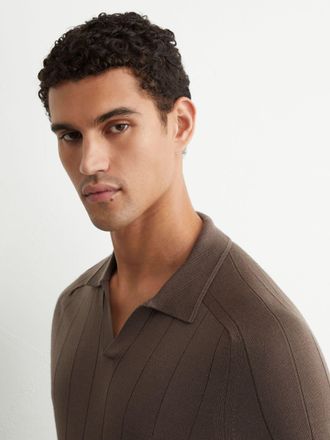 Reiss Ridge Brown Merino Wool Wide-rib Polo Jumper, Xxl