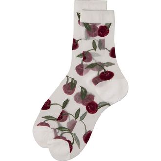 MeMoi Cherry Sheer Crew Socks in White at Nordstrom, Size 9