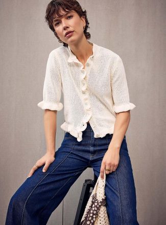 Contemporaine Womens Ruffled trim short sleeves Cardigan Sweater Exclusive collection from Italy