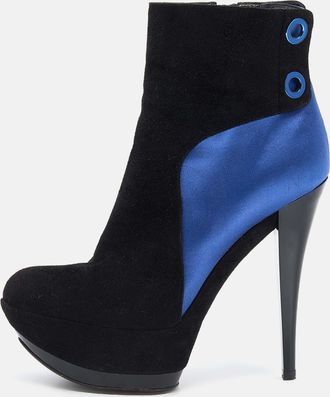 Casadei Black/blue Suede And Satin Platform Ankle Boots