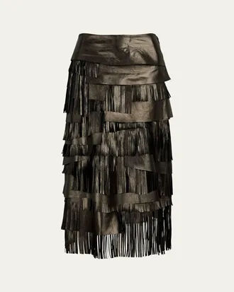 Ralph Lauren Collection Metallic Leather Tiered Fringe Midi Skirt