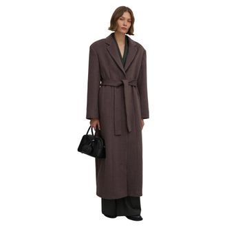 Estro & Luminara Belted Coats, female, Brown, Size: XS Long Wool-Blend Coat with Waist Tie
