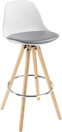 Woltu Woltu 1x Taburete De Bar Con Respaldo Marco De Madera Maciza Muebles Cocina Taburete Alto Para Cocina Bar, Cuero Sint&eacute;tico, Gris Blanco