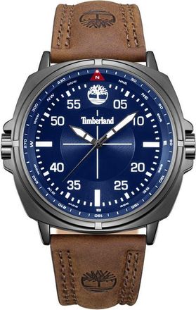 Timberland Williston Leather Strap Watch, 48mm in Dark Brown/Blue at Nordstrom