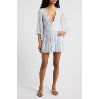 LoveShackFancy Auralie Floral Long Sleeve Minidress in Blue Roan at Nordstrom, Size 12