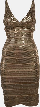 H&eacute;rve L&eacute;ger Tan Sequins Bandage Dress