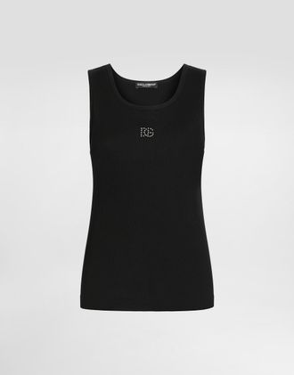Dolce & Gabbana Ribbed Tank Top With Dg Embroidery And Rhinestones - Woman T-shirts And Sweatshirts Black 36