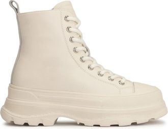 Kazar Dames off-white platte enkellaarsjes met veters - Dames - Veterlaarzen - Beige - 40 EU - Leer - Schoenen