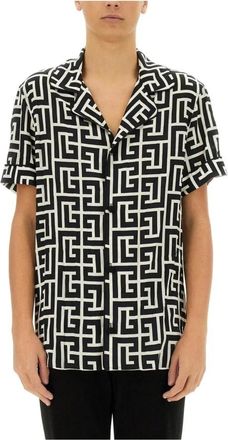 Balmain Geometric Monogram Short Sleeve Camp Shirt - Heren - Korte mouwen Overhemden - Zwart - M - Overhemden