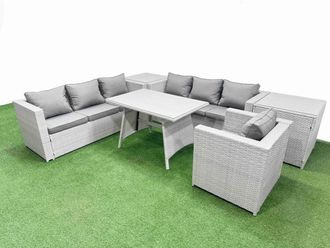 Fimous 7-seater Patio 3 Seater Sofa Armchair Set with 2 Side Tables in Light Grey
