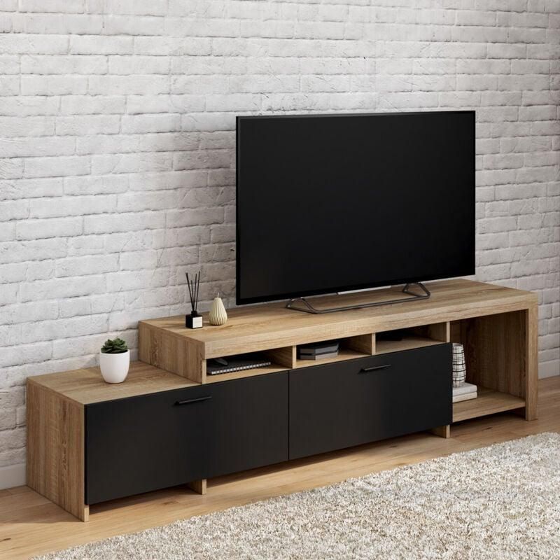 Mueble TV suspendido 300 cm con 3 puertas negro y madera - ELIO