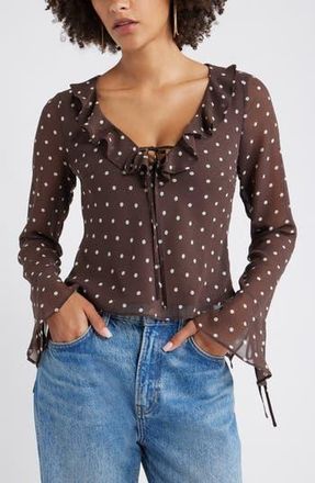 Open Edit Ruffle Chiffon Top in Brown Bea Dot at Nordstrom Rack, Size Small