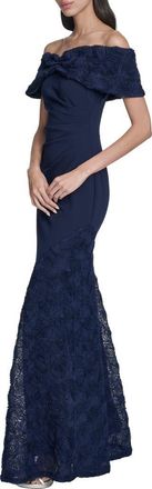 Eliza J Off the Shoulder 3D Floral Gown in Navy at Nordstrom, Size 10
