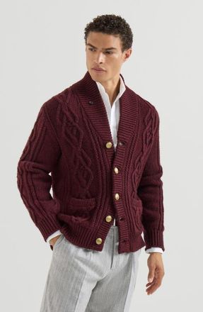 Brunello Cucinelli Cashmere Feather yarn cable knit cardigan with metal buttons in Burgundy at Nordstrom, Size 48 It
