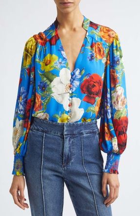 Alice & Olivia Serena Floral Button-Up Top in Endless Blossom Sm Blue Iris at Nordstrom, Size X-Small