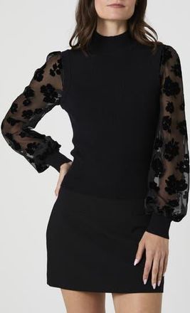 French Connection Mixed Media Burnout Velvet Sleeve Sweater in Black at Nordstrom Rack, Size X-Small