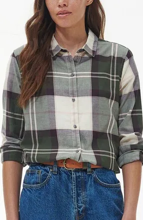 Barbour Mooreland Plaid Cotton Button-Up Shirt in Olive/black Cherry at Nordstrom, Size 14