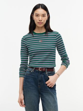 Tommy Hilfiger Womens Embroidered Flag Striped Rib-Knit T-Shirt - Darkened Emerald - XXL