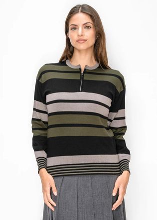 YAL New York Olive and Black Striped Sweater with Quarter Zip